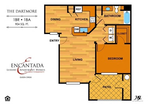 Floor plan for 1 bed, 1 bath, 904 sqft